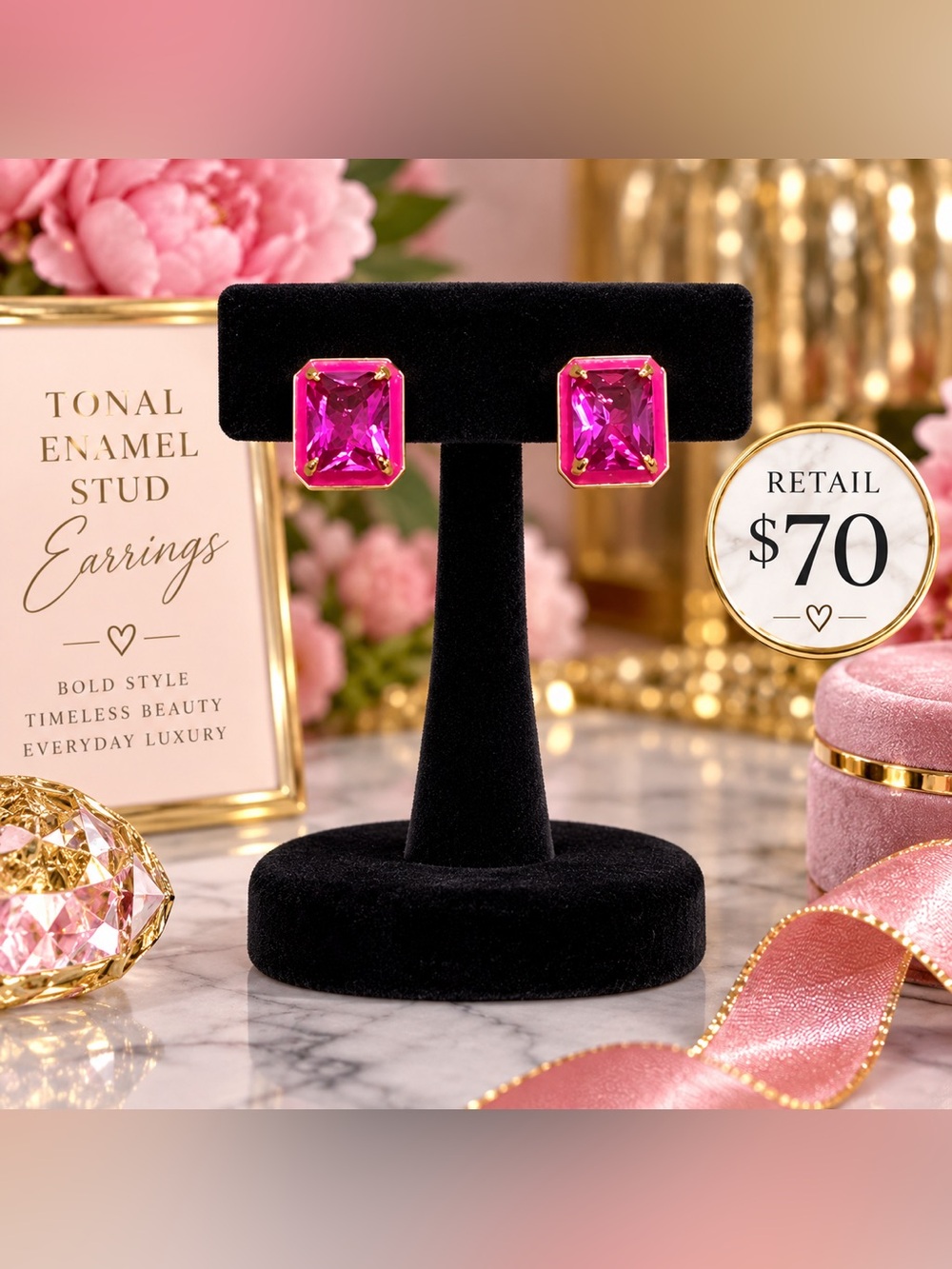 Beautiful Pink/Fuchsia Tonal Enamel Emerald Cut Crystal Stud Earrings Gold Tone
